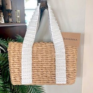 Brand New Savanna Straw Double Handle Tote w/ Faux Pearls & Drawstring Lining